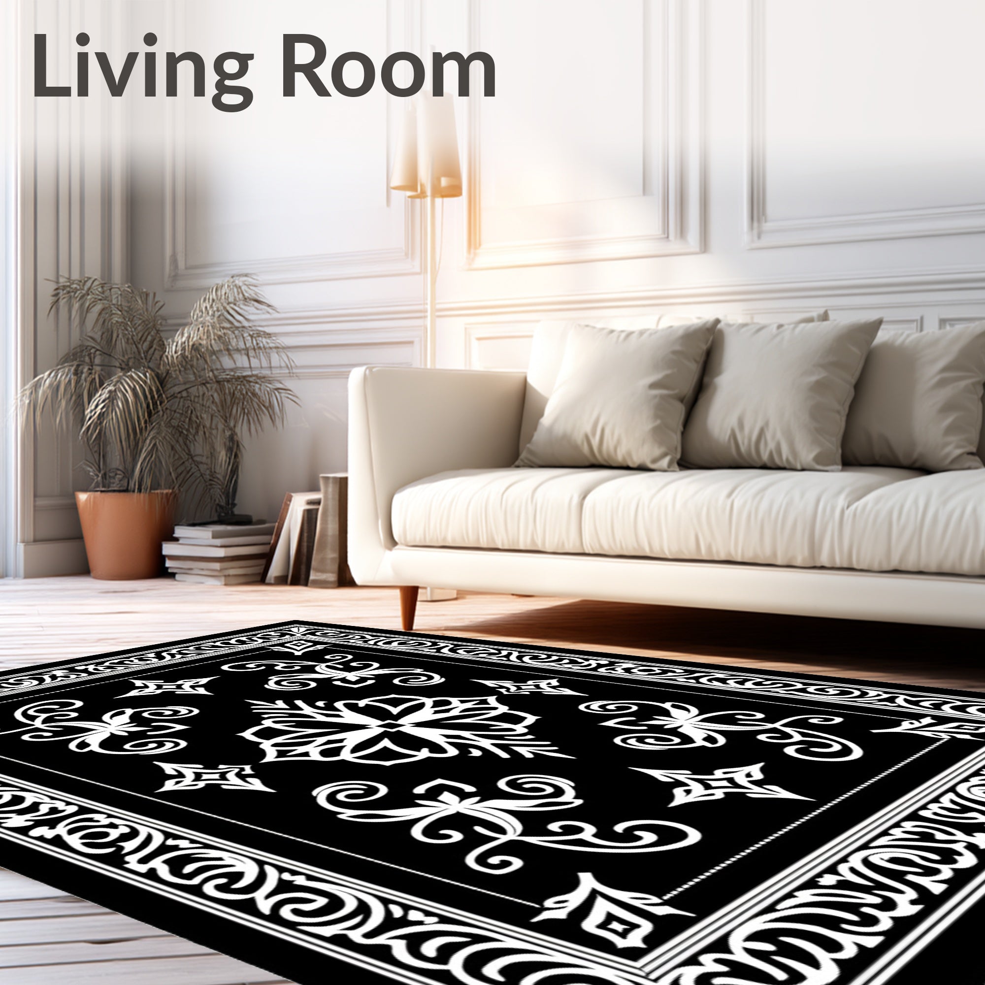 Black White Classic Floral Medallion Rug