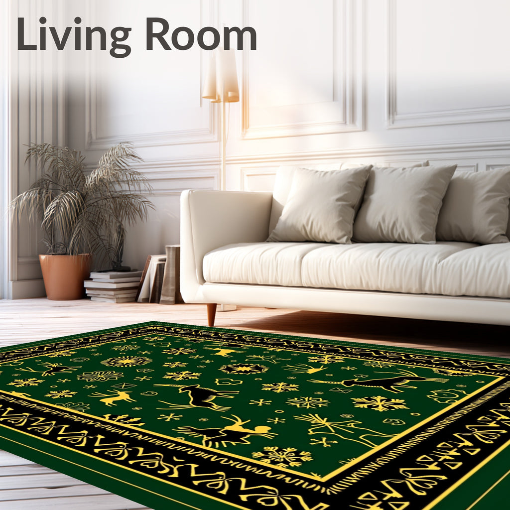 Deep Green Deer Snowflake Motif Rug