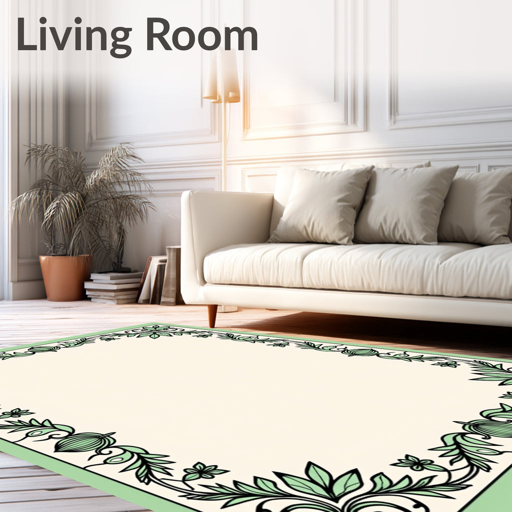 Elegant Green Leaf Border Artwork Rug