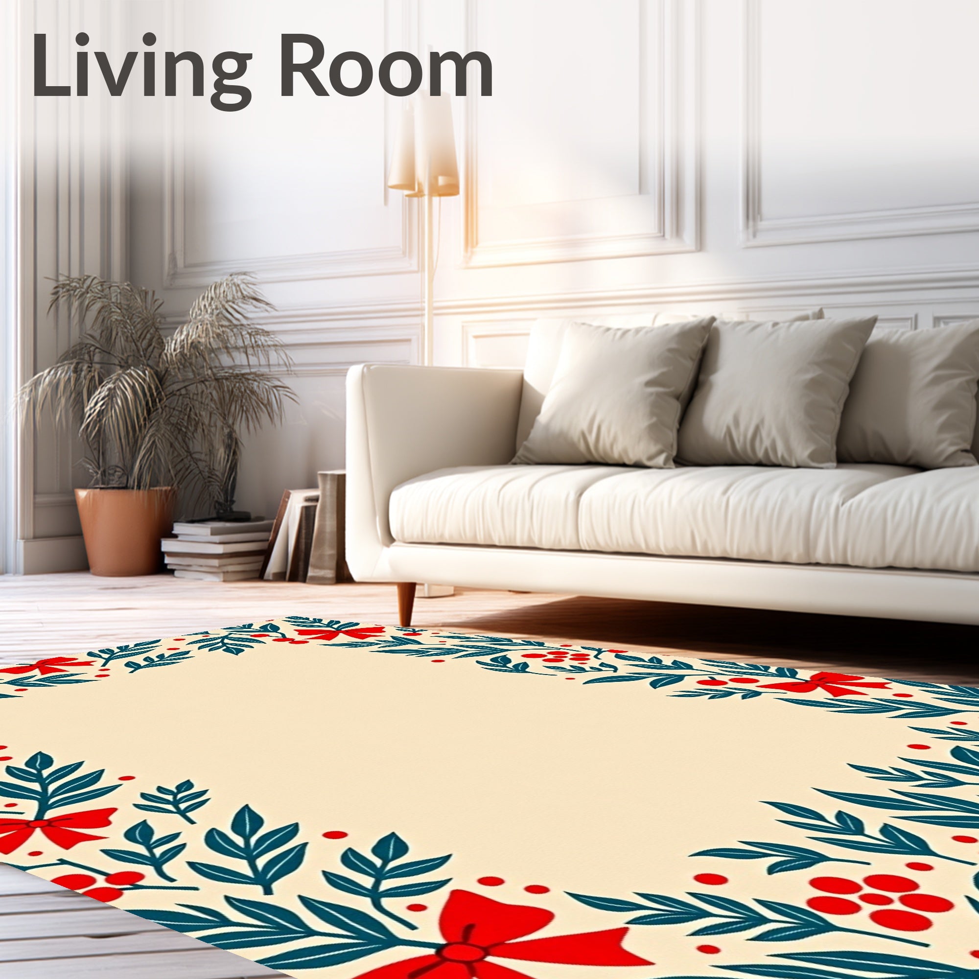 Festive Red Berry Bow Leaf Border Rug