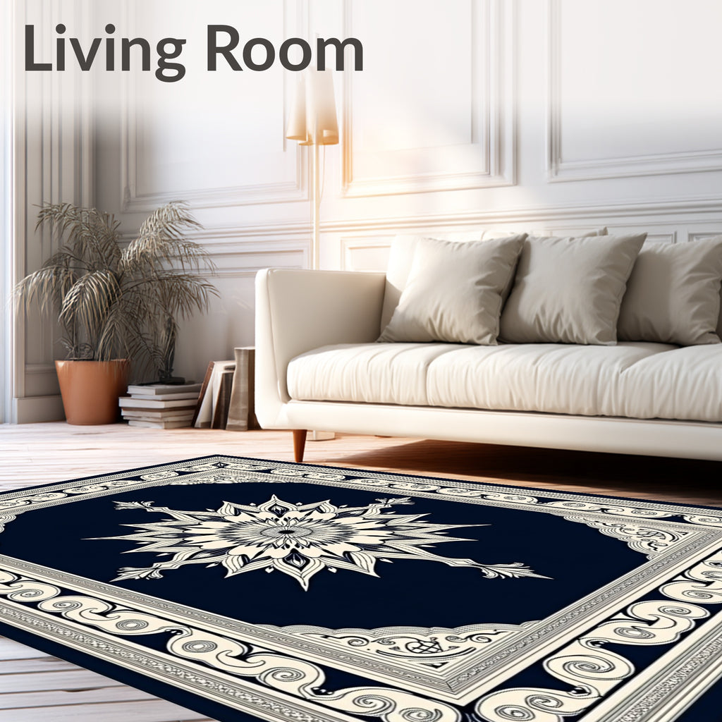 Navy Cream Intricate Floral Medallion Rug
