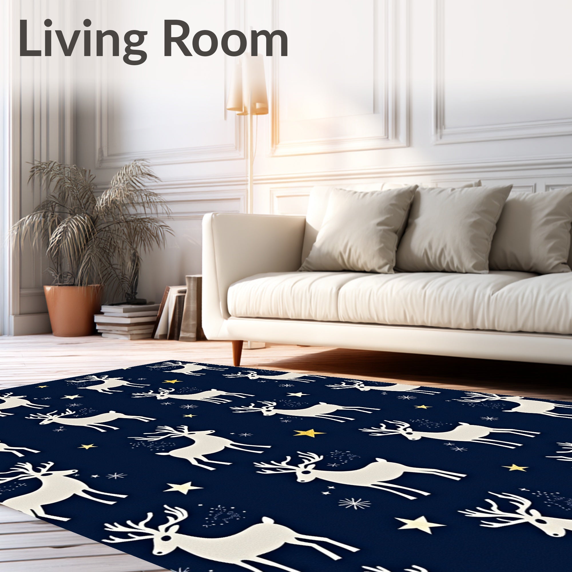 White Reindeer Golden Stars Night Rug