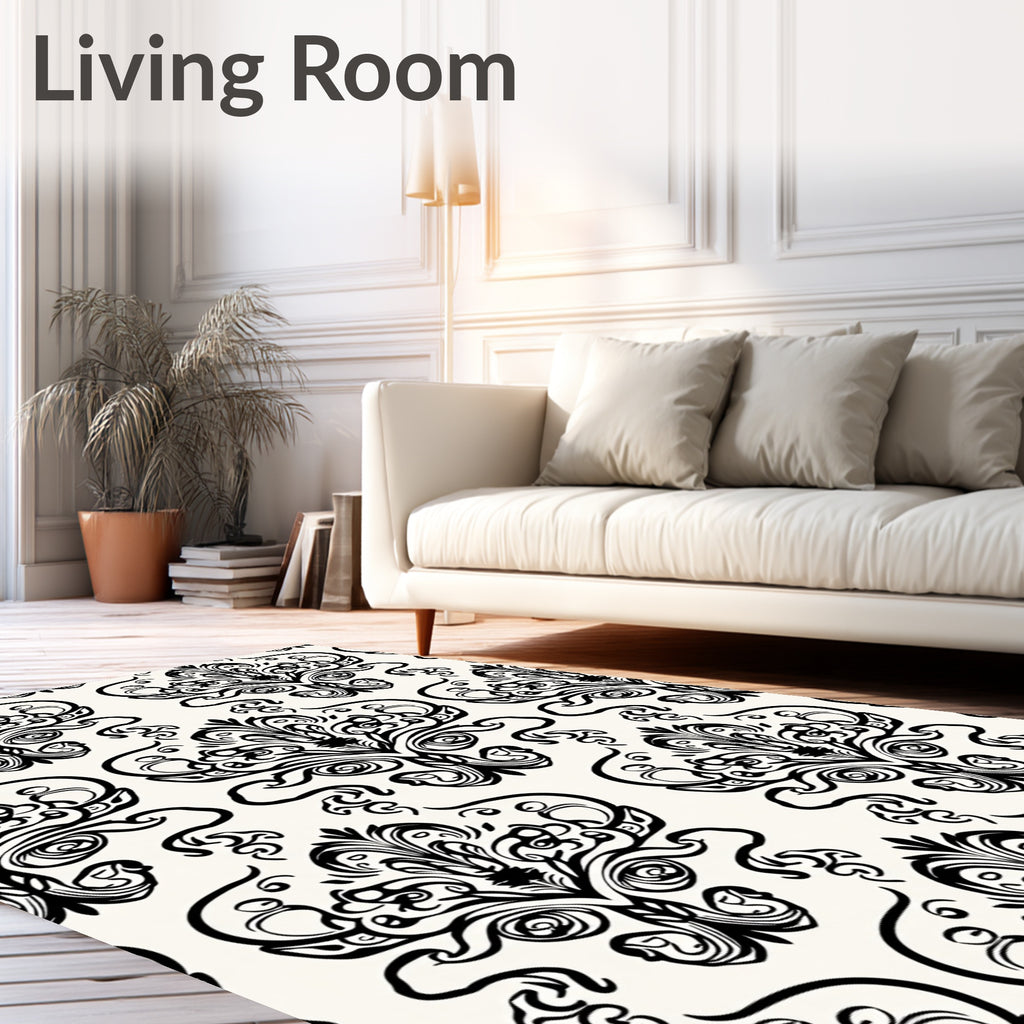 Black White Traditional Flourish Scroll Rug