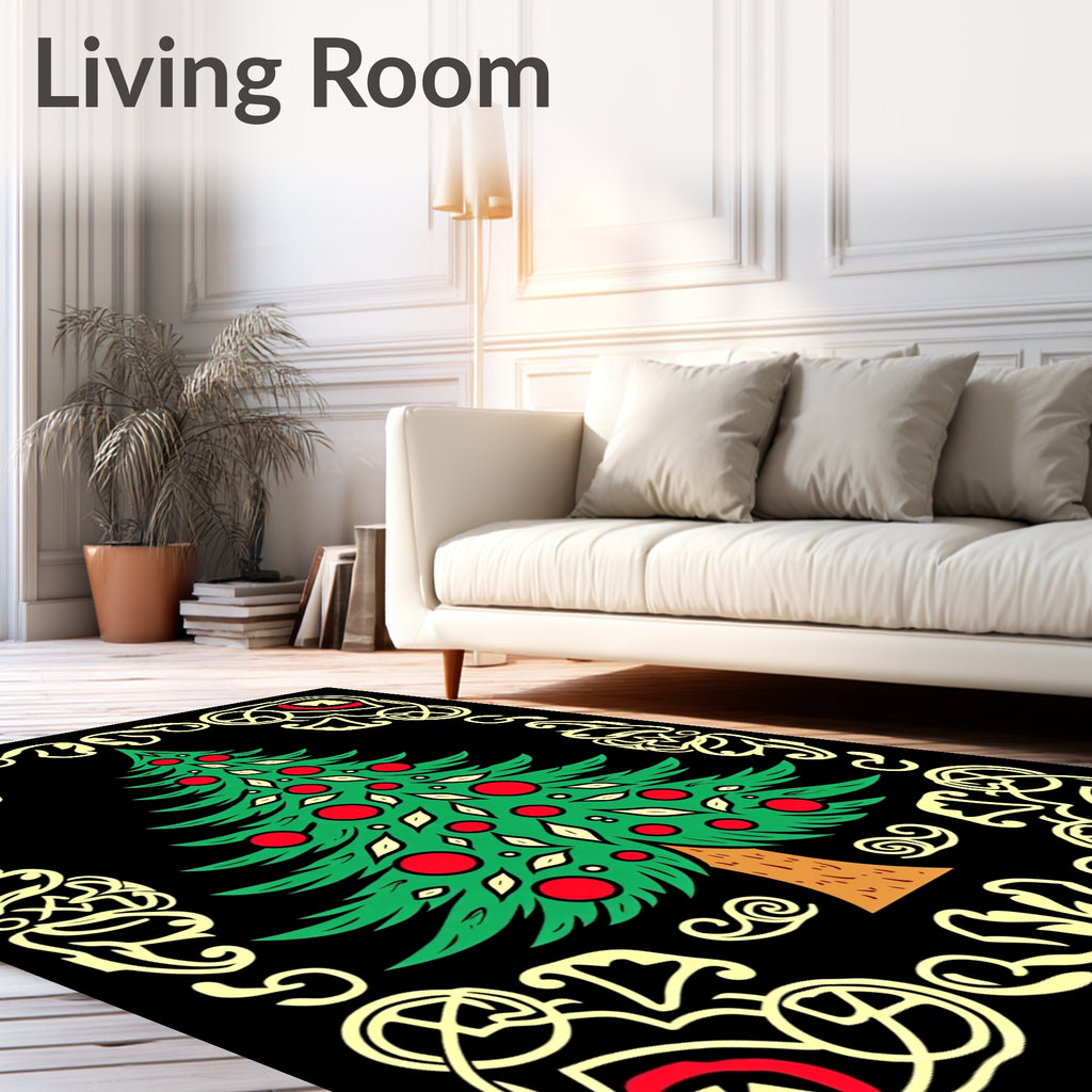 Festive Green Tree Red Ornament Border Rug