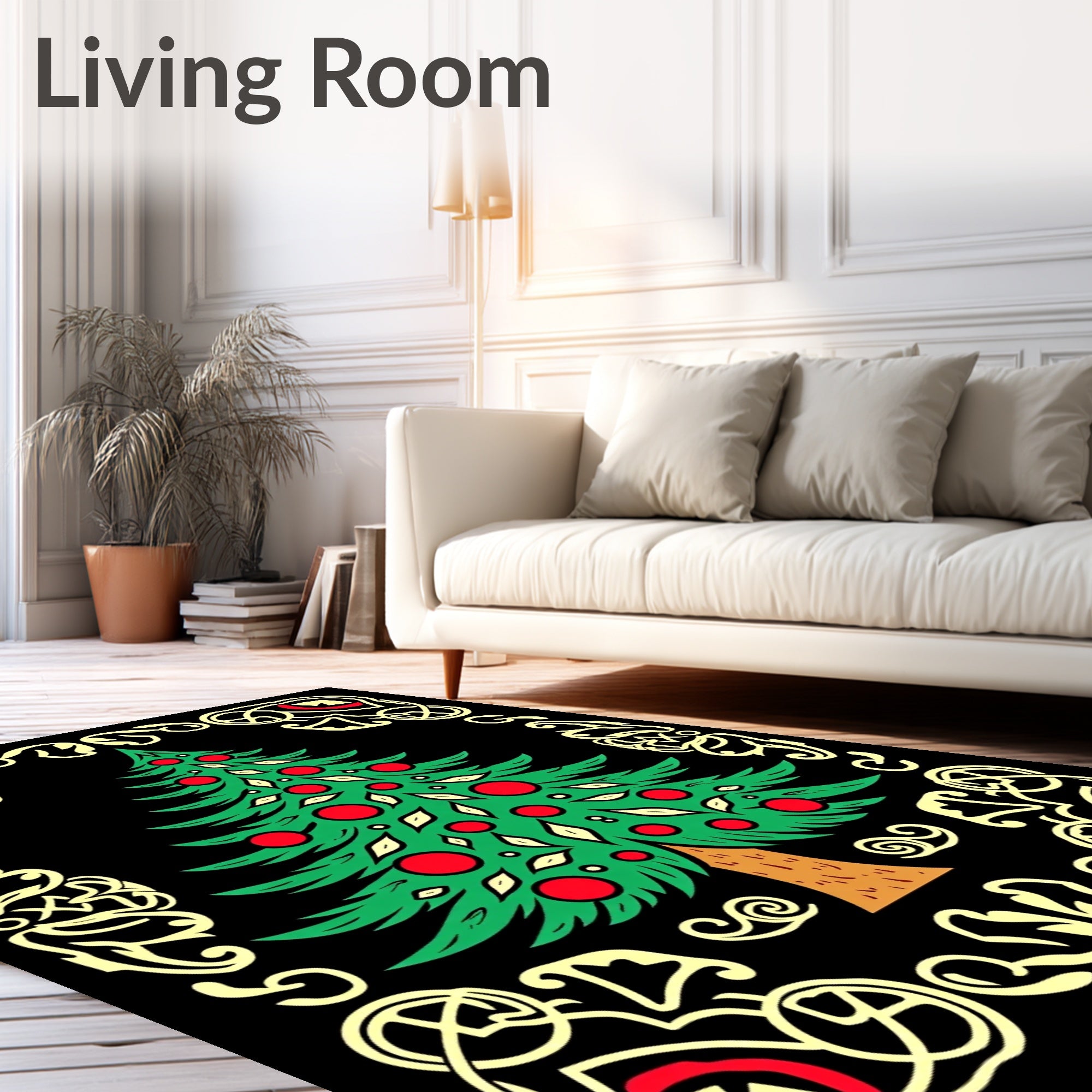 Festive Green Tree Red Ornament Border Rug