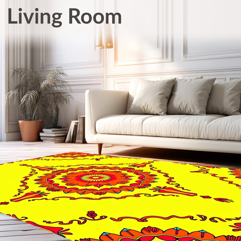 Vibrant Yellow Red Floral Mandala Rug