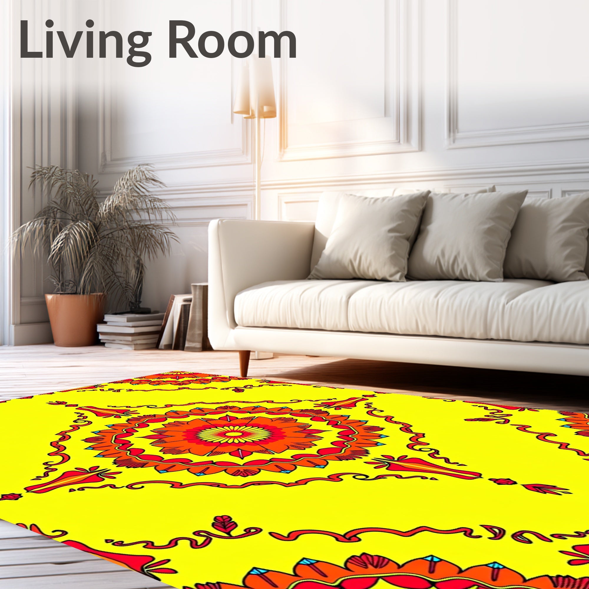 Vibrant Yellow Red Floral Mandala Rug
