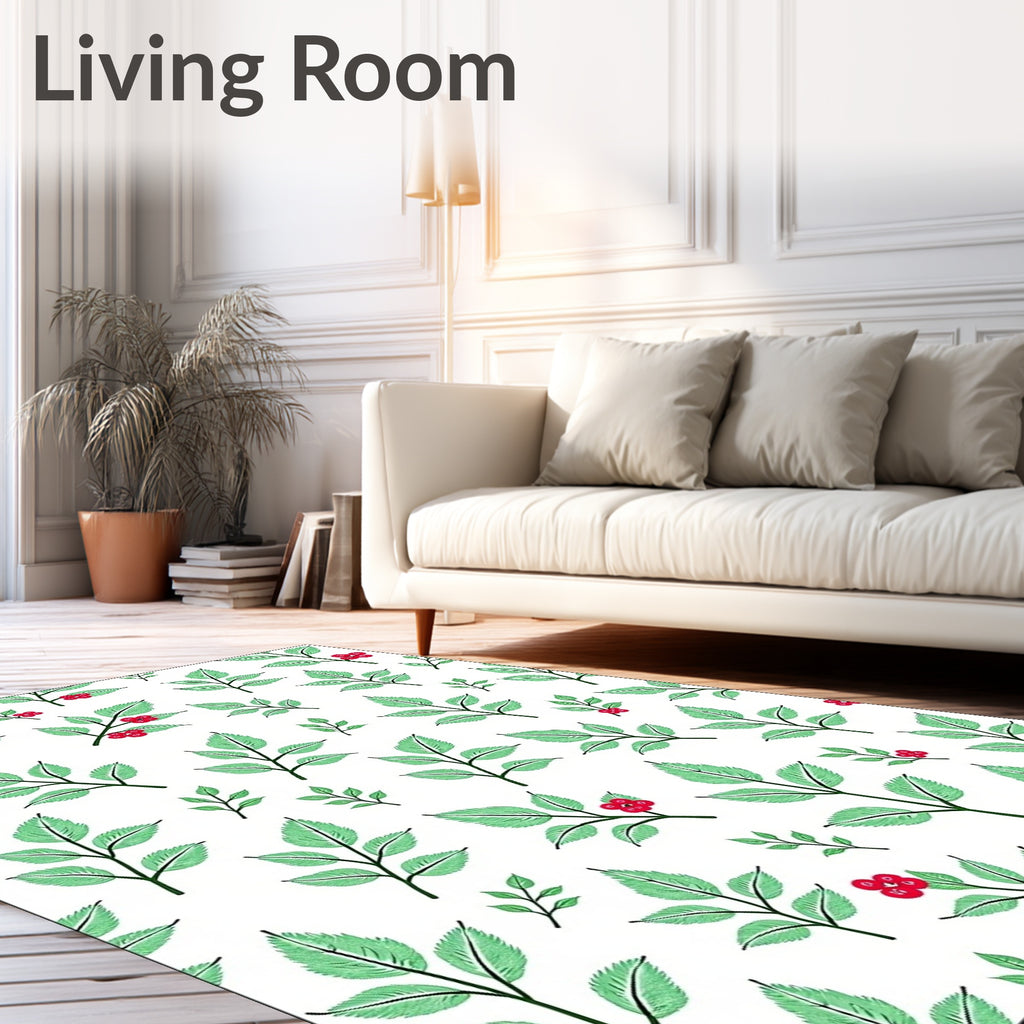 Green Leaf Red Berry Botanical Rug