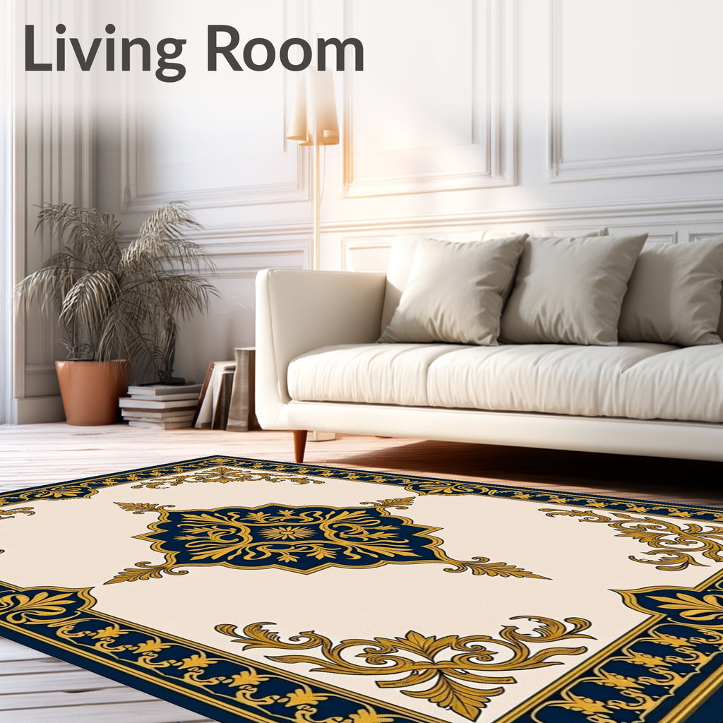 Navy Gold Elaborate Scroll Medallion Rug