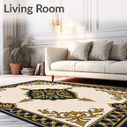Navy Gold Elaborate Scroll Medallion Rug