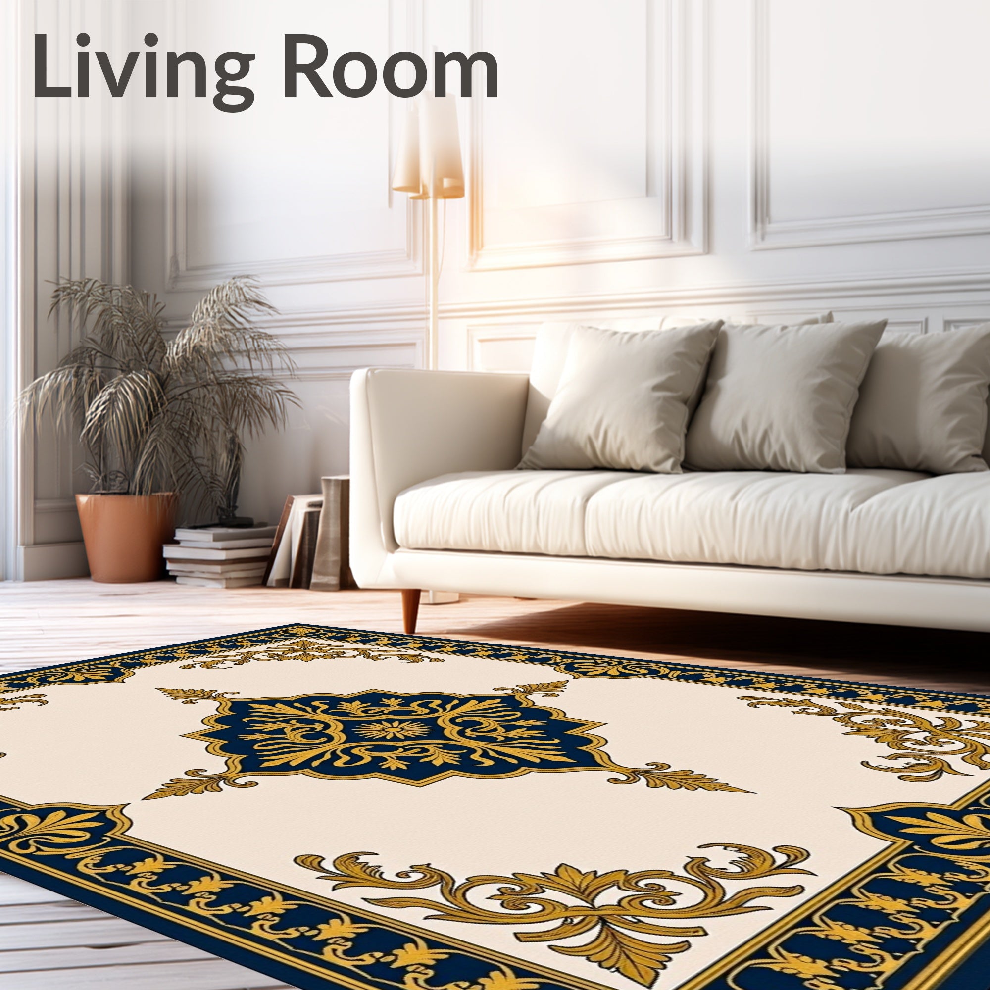 Navy Gold Elaborate Scroll Medallion Rug