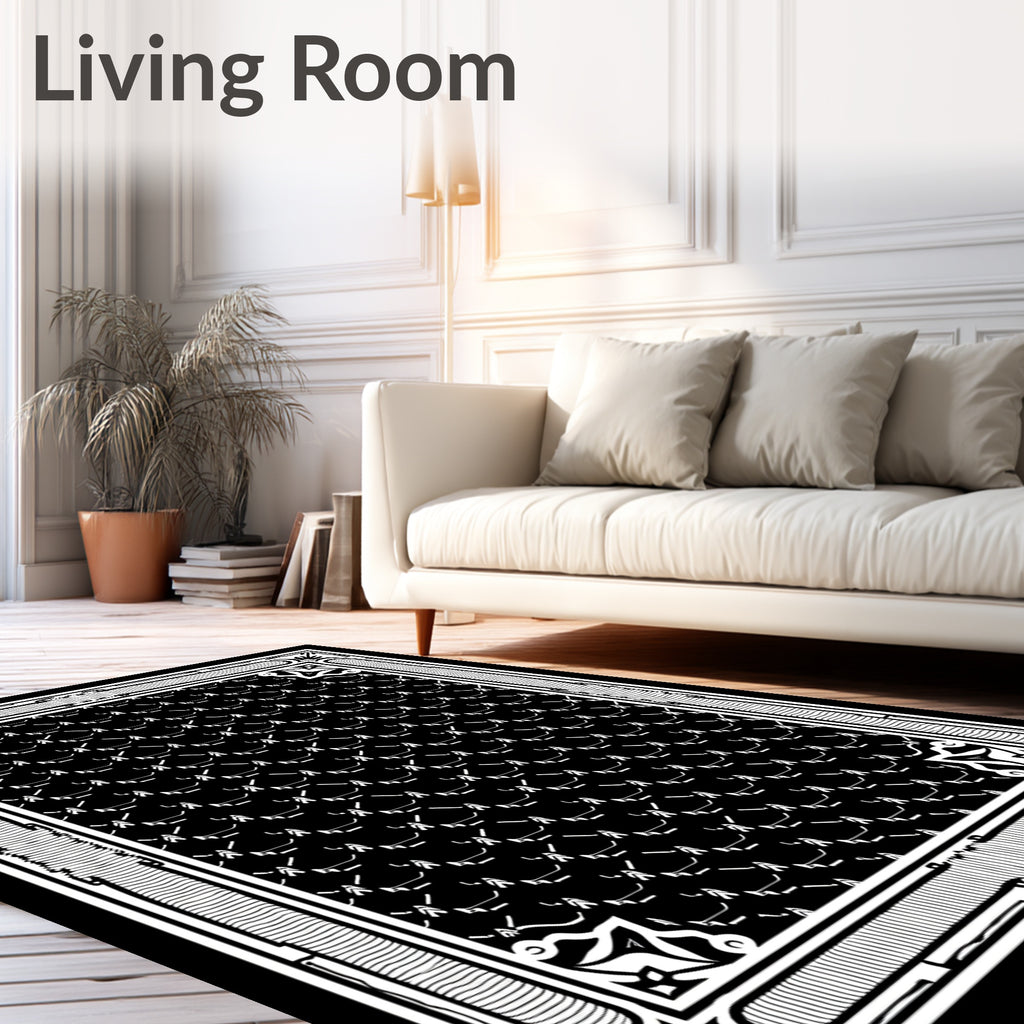 Black White Octagon Geometric Border Rug