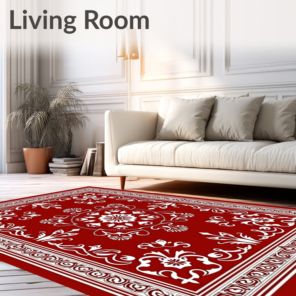 Ornate White Floral Red Centerpiece Rug