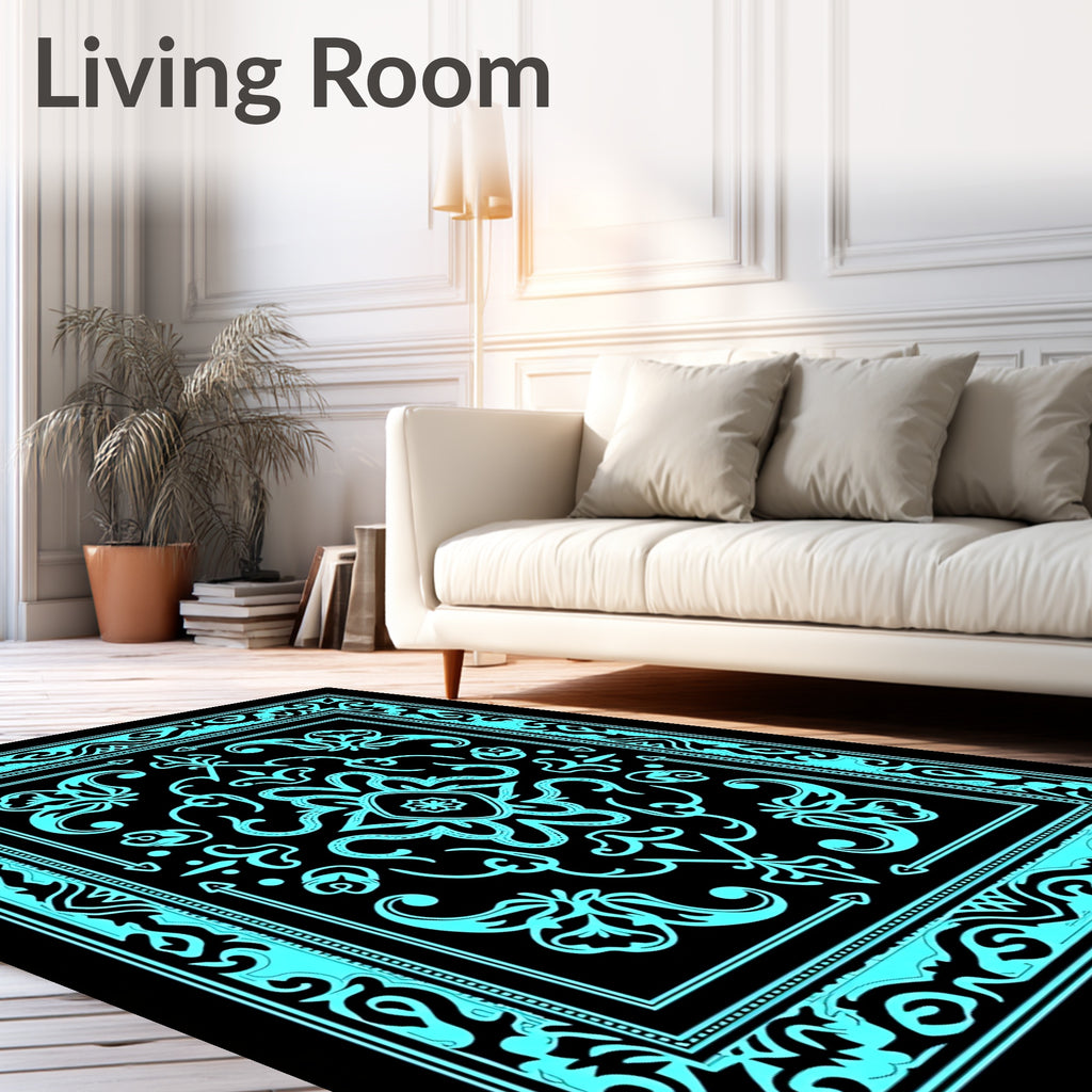 Aqua Black Ornate Floral Frame Rug