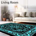 Aqua Black Ornate Floral Frame Rug