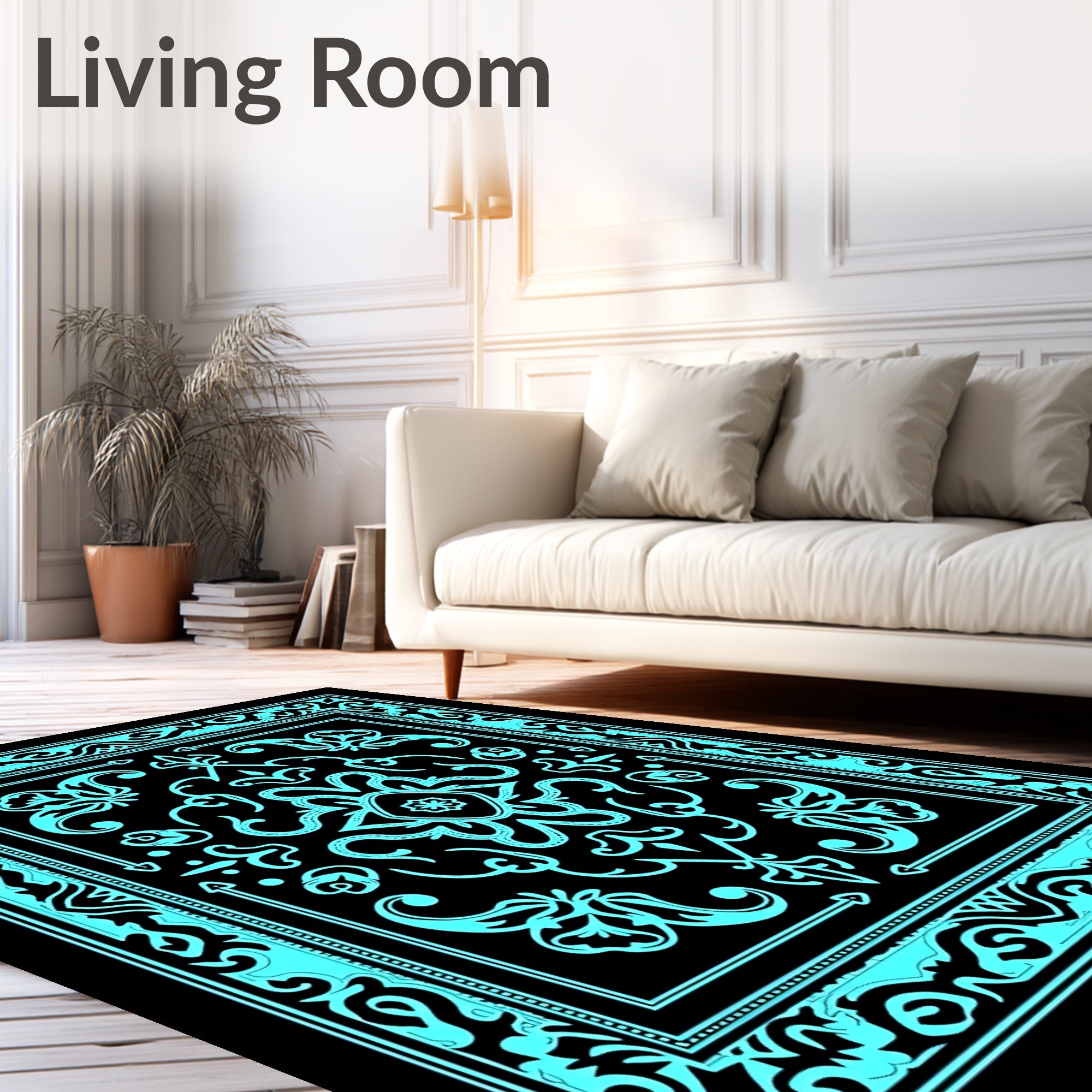 Aqua Black Ornate Floral Frame Rug