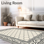Cream and Black Quatrefoil Border Rug
