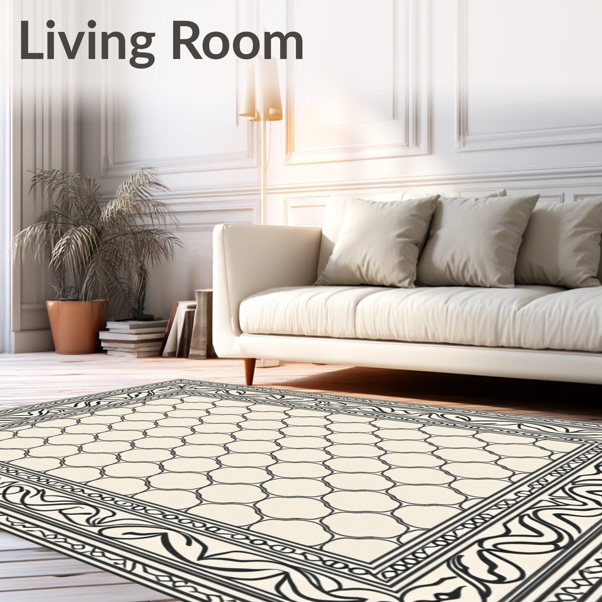Cream and Black Quatrefoil Border Rug