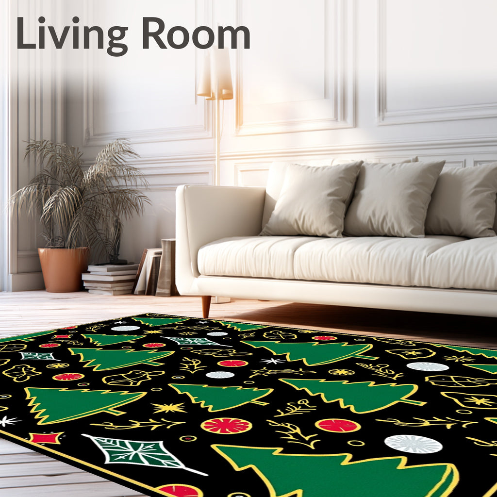 Green Christmas Trees Gold Outline Collage Rug