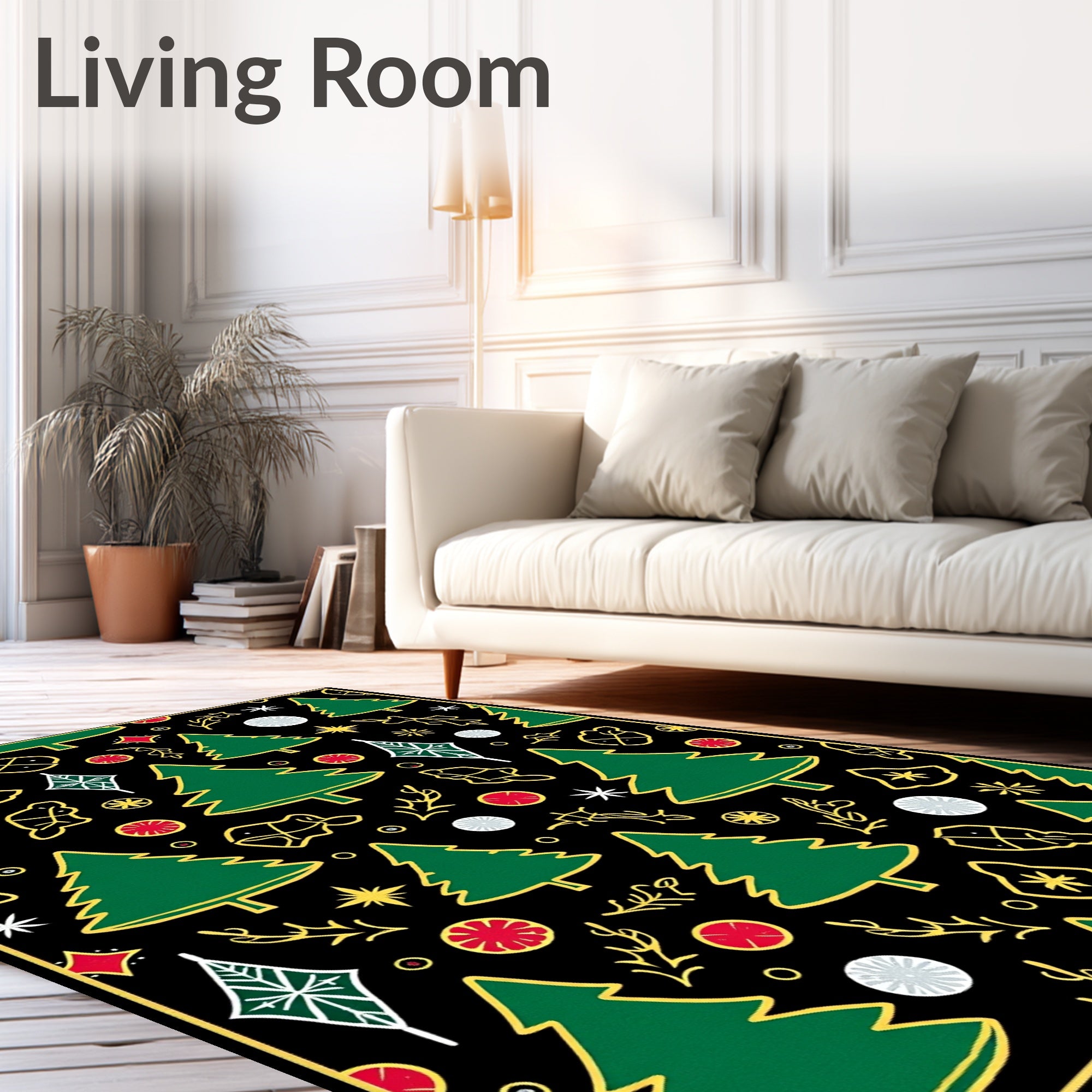 Green Christmas Trees Gold Outline Collage Rug