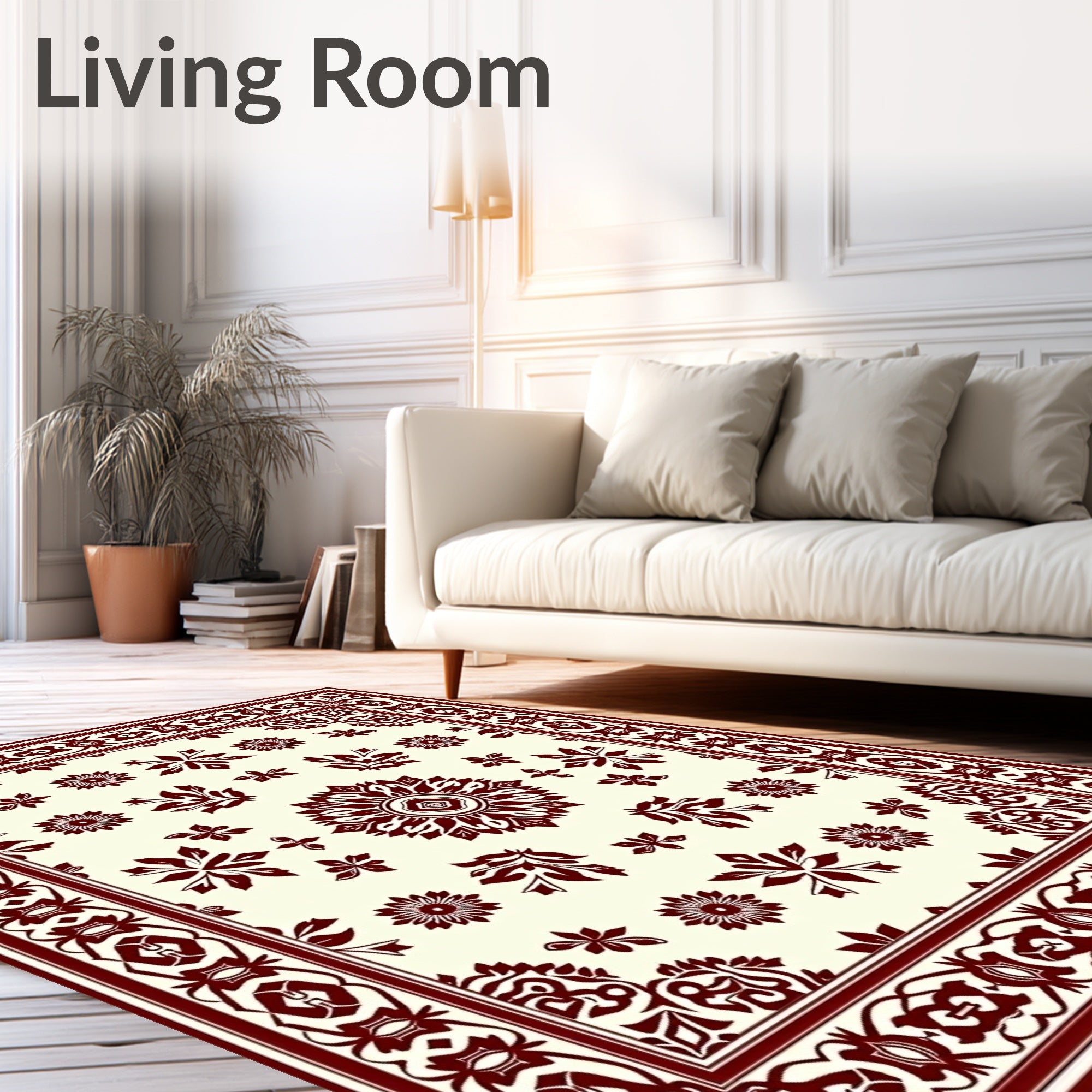 Crimson Floral Medallion Ivory Border Rug