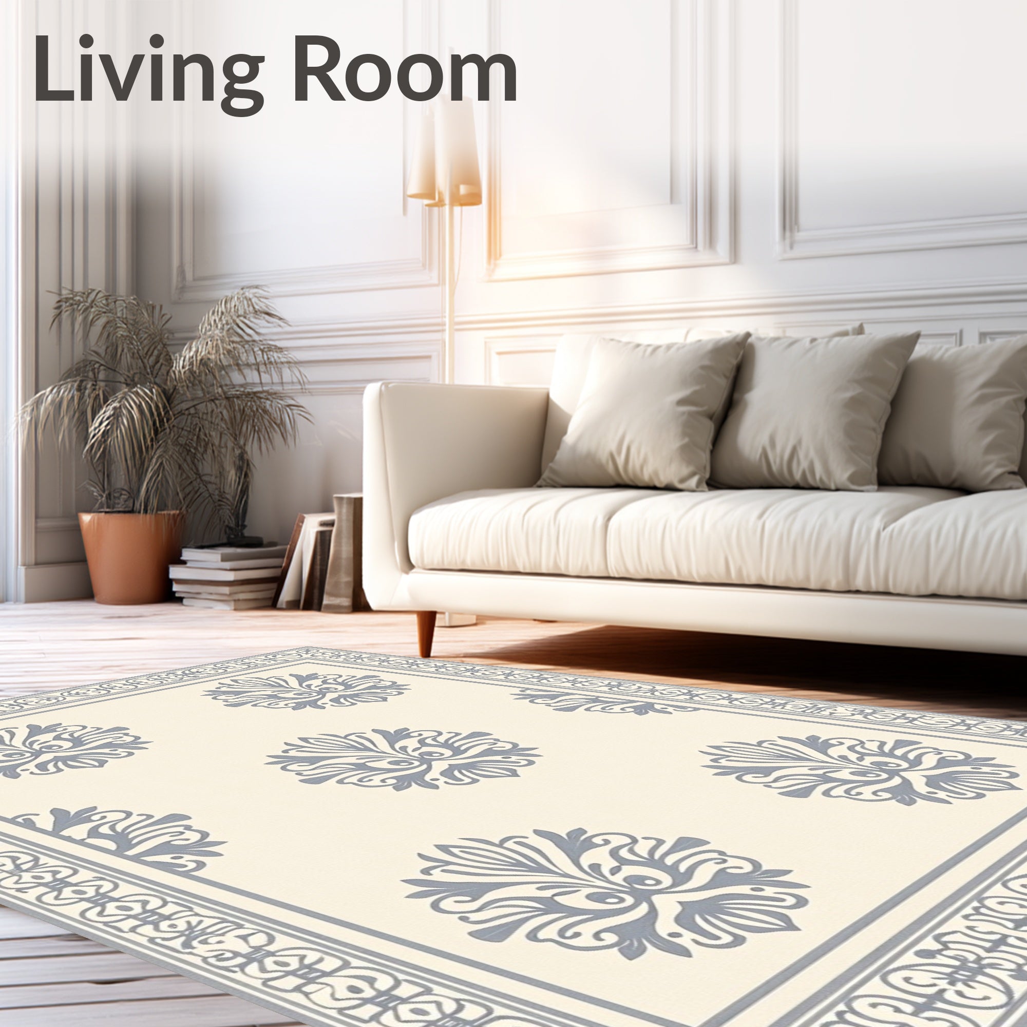 Pale Gray Floral Medallion Border Rug