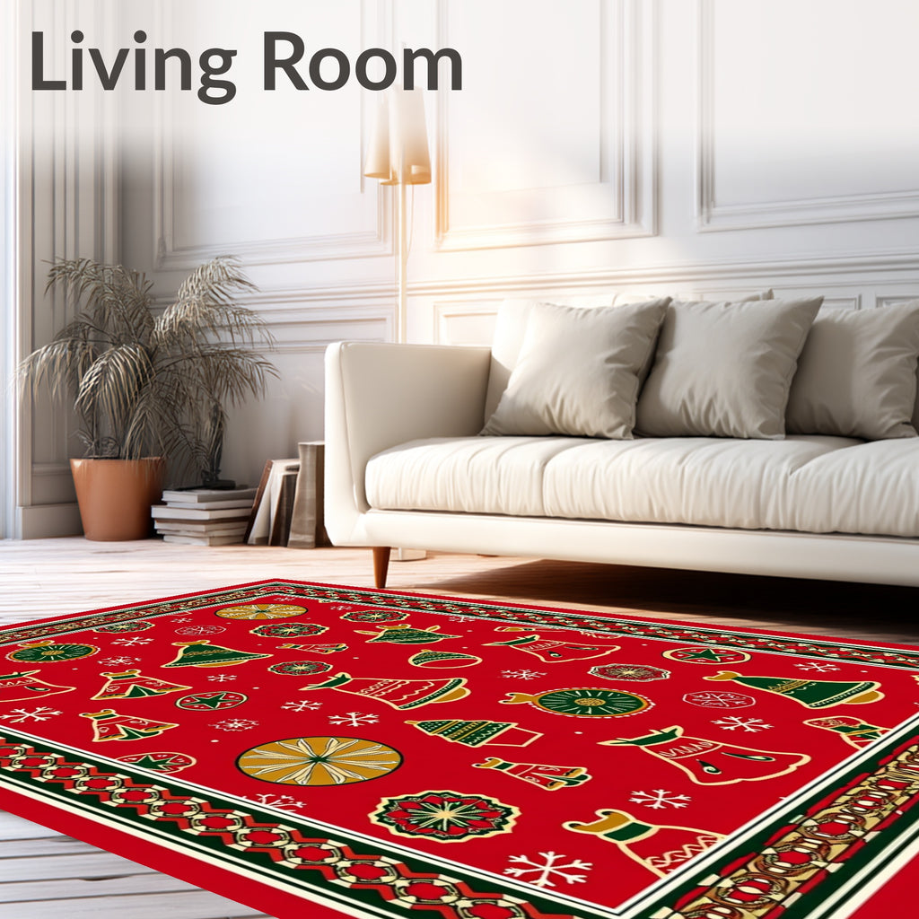 Red Holiday Bell Ornament Tree Snowflakes Rug