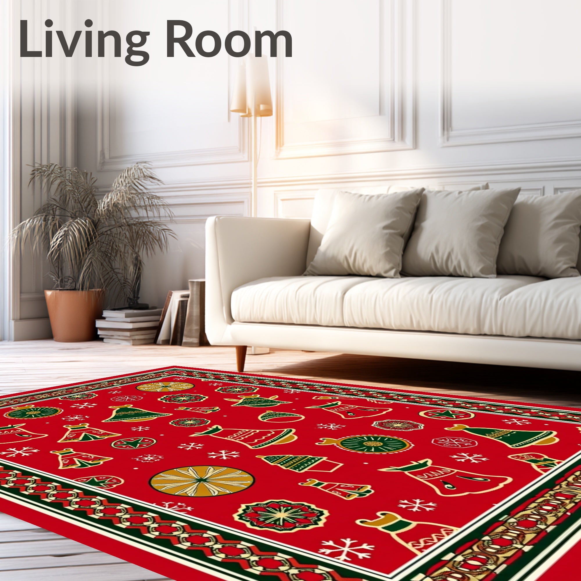 Red Holiday Bell Ornament Tree Snowflakes Rug