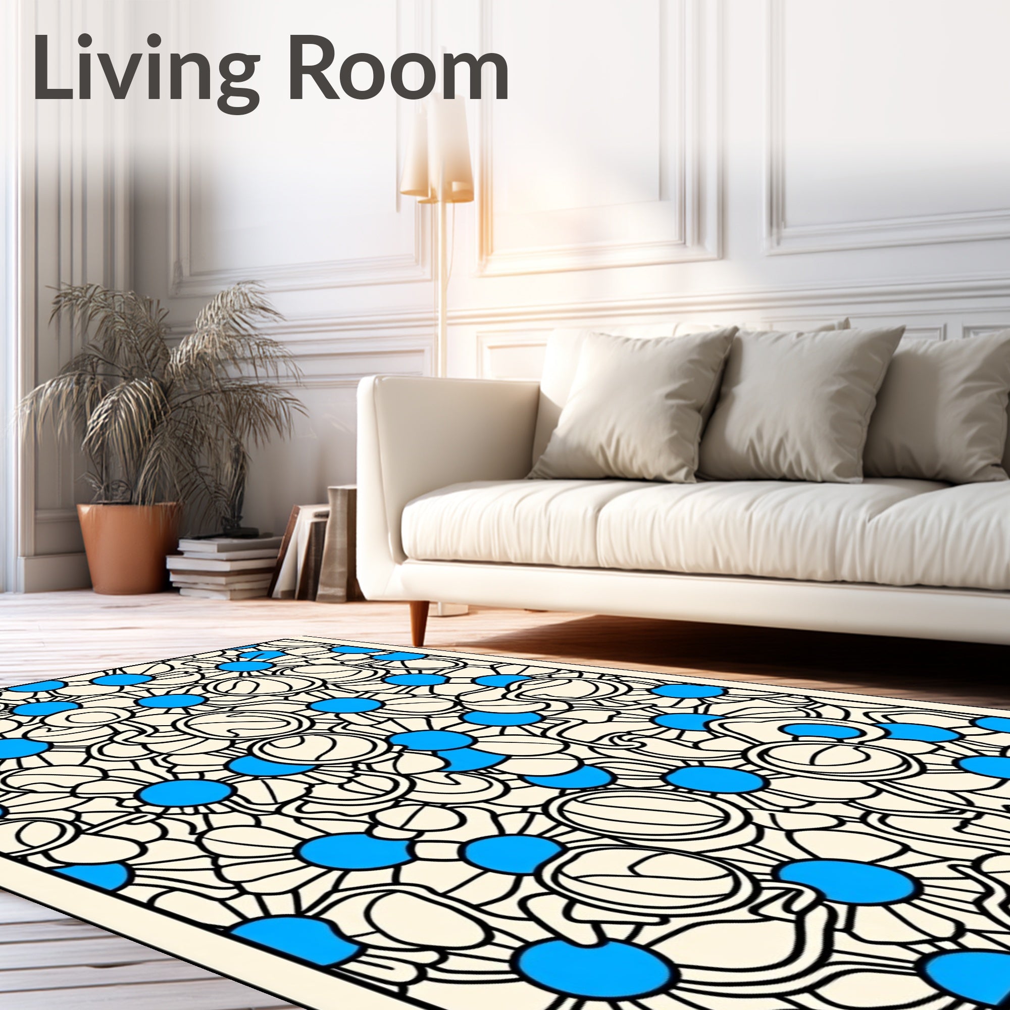 Cream Blue Daisy Garden Abstract Rug