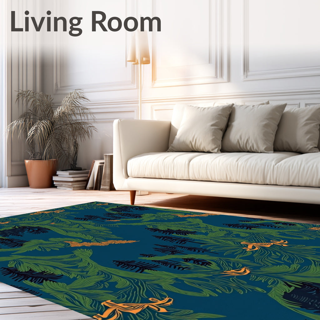 Deep Blue Forest With Orange Birds Rug
