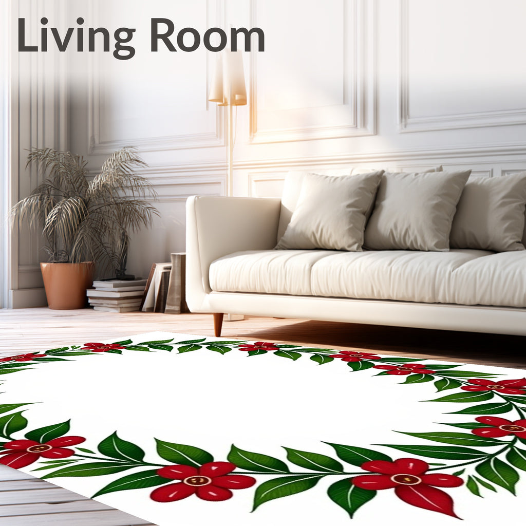 Crimson floral garland with green leaves Rug