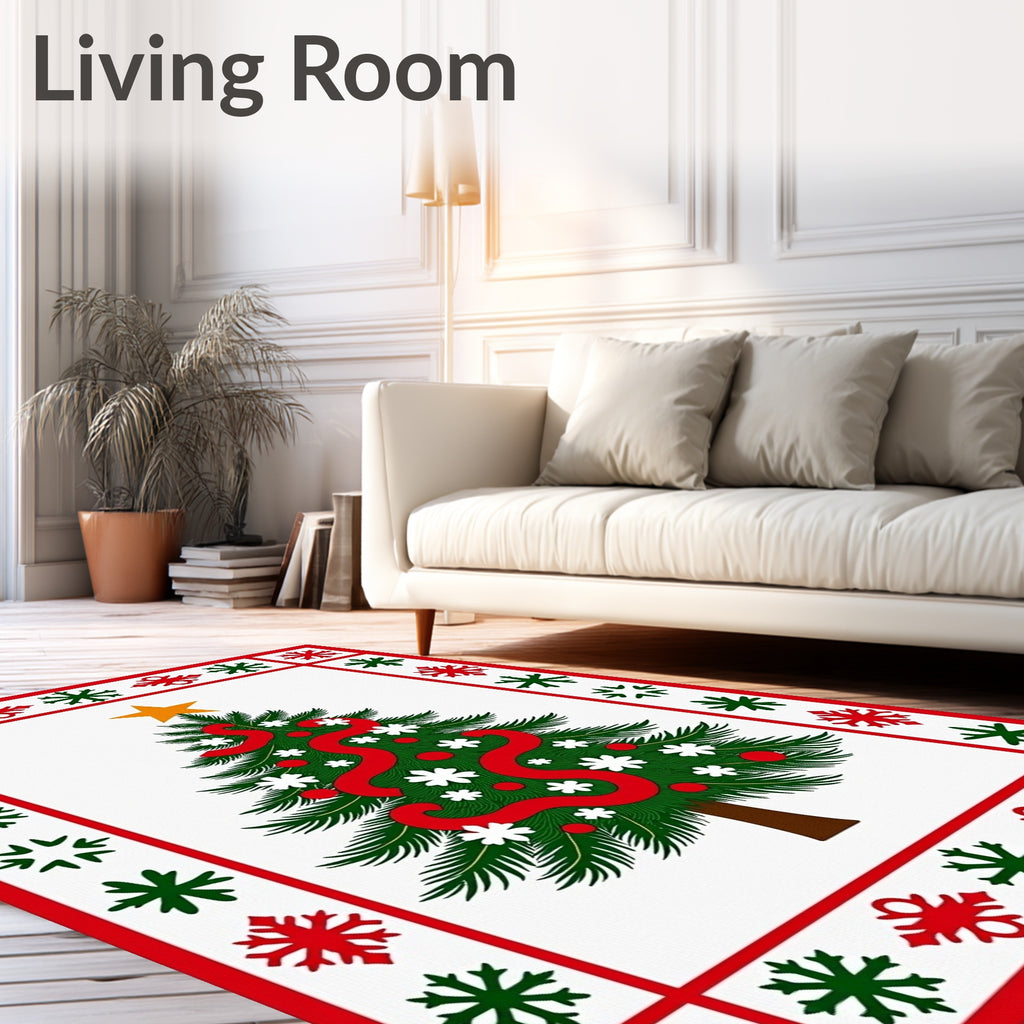 Green Christmas Tree Red Snowflake Border Rug