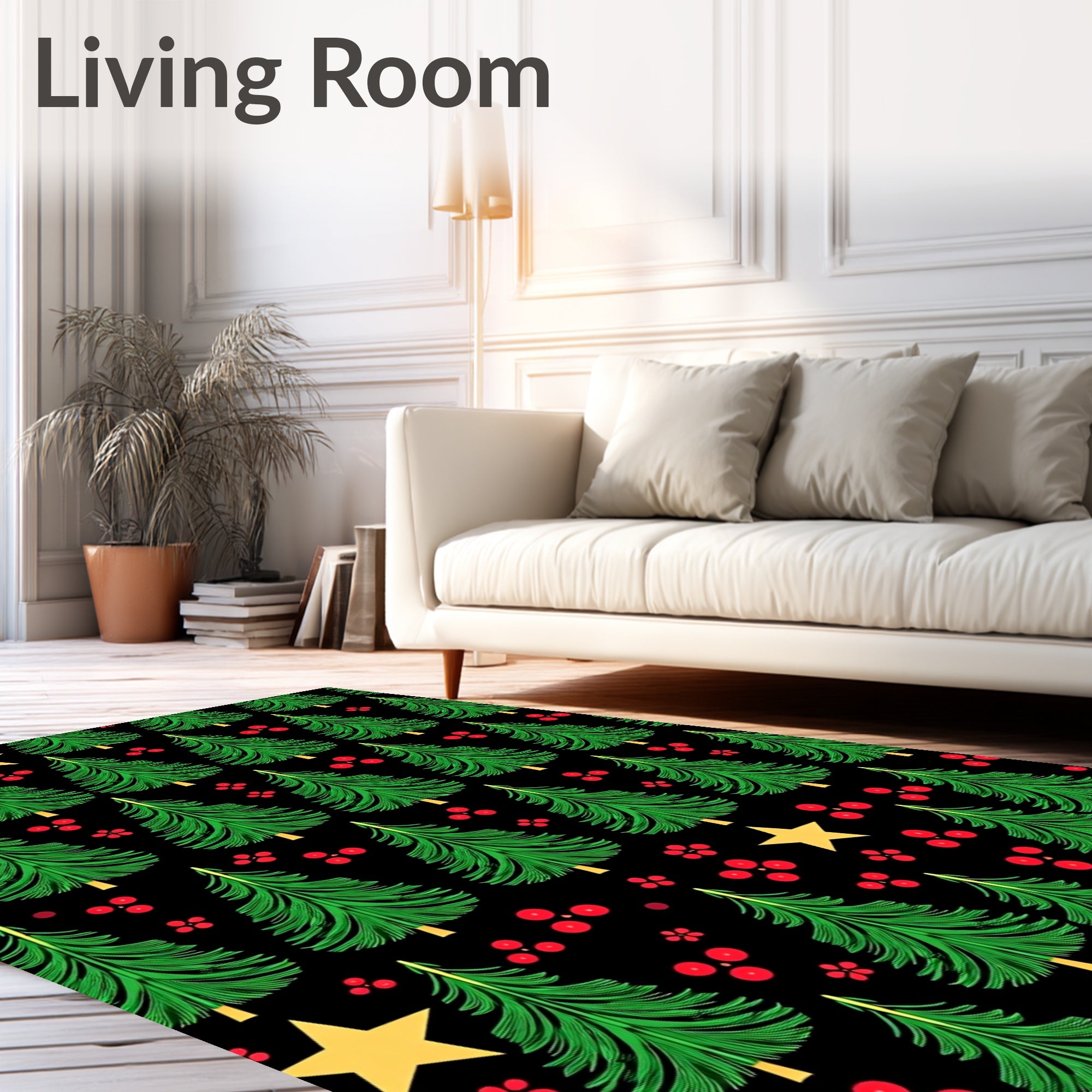 Green Christmas Trees Red Berries Stars Rug
