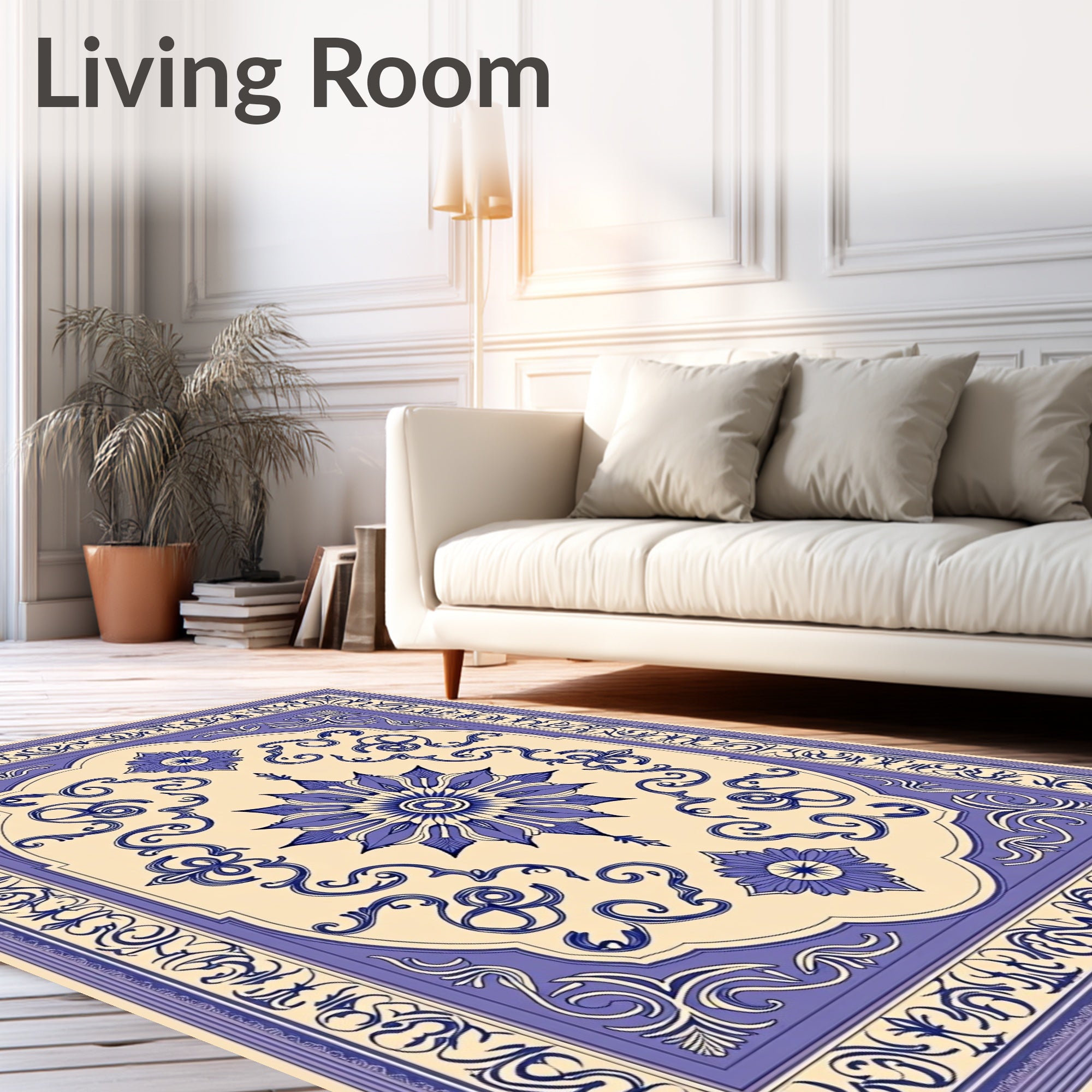 Ornate Blue Floral Medallion Ivory Rug