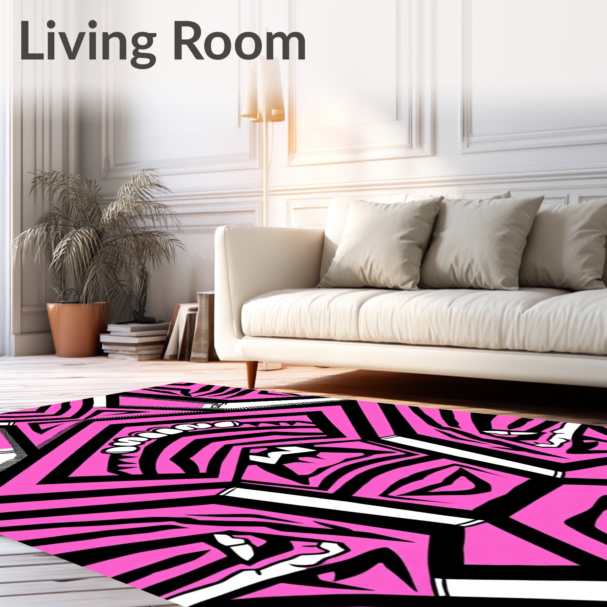 Vibrant Pink Black Graphic Face Rug