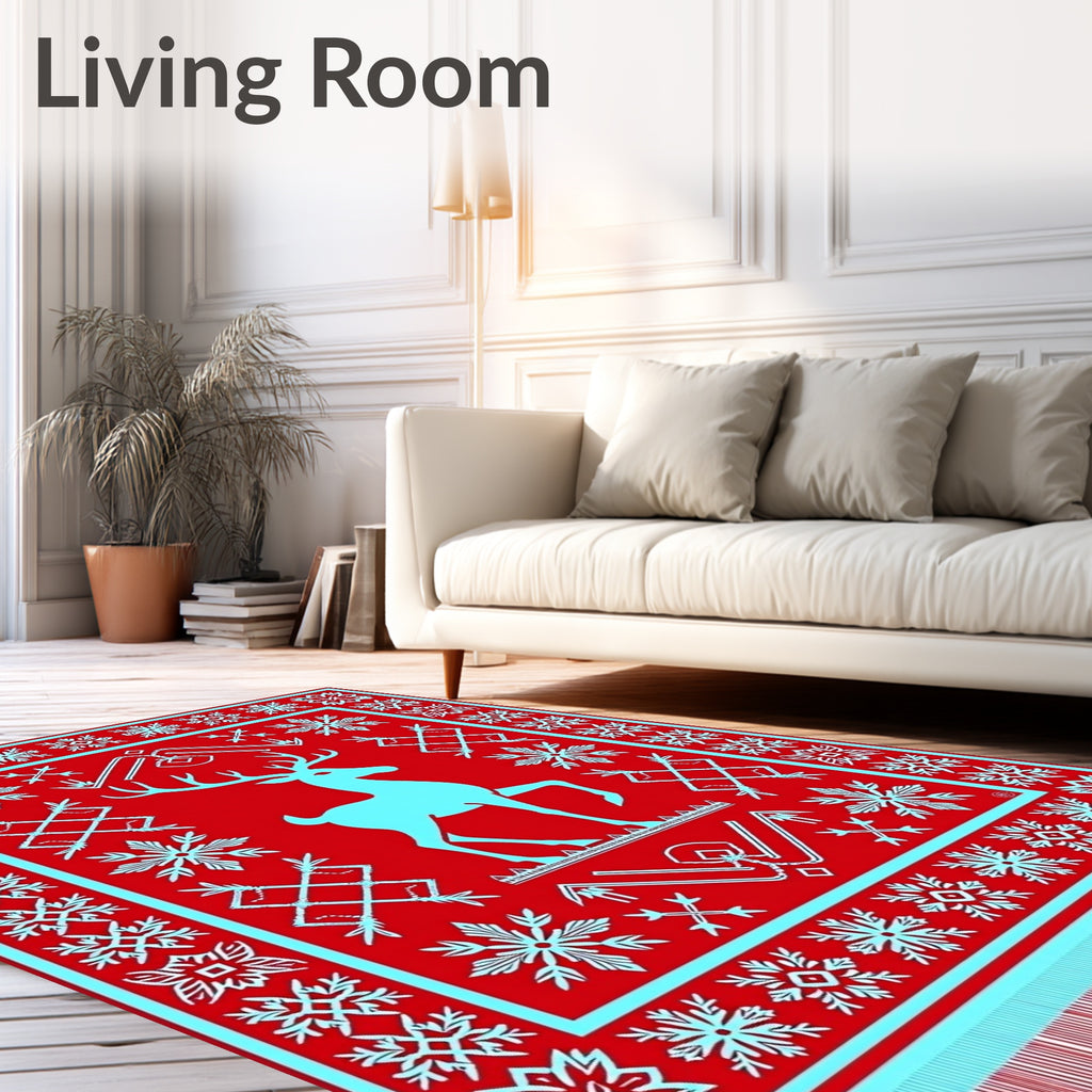 Crimson Sky Blue Reindeer Snowflake Borders Rug