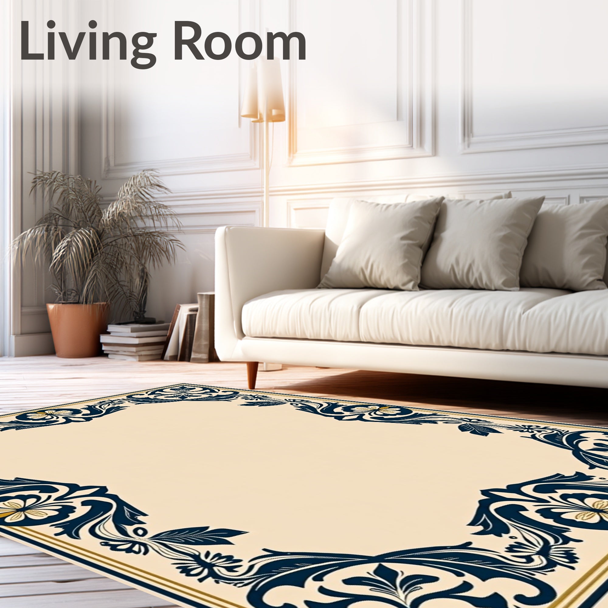 Navy Blue Floral Scrollwork Border Rug