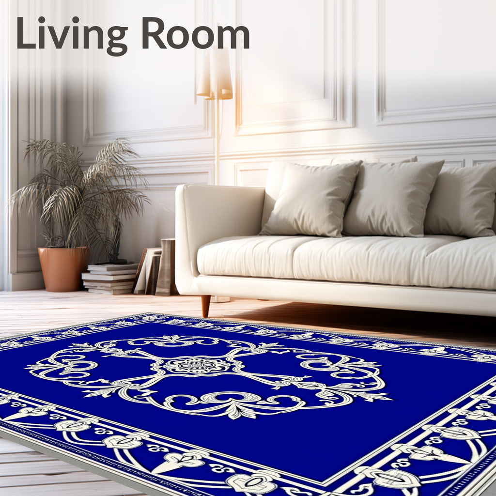 Rich Blue Floral Medallion Border Rug