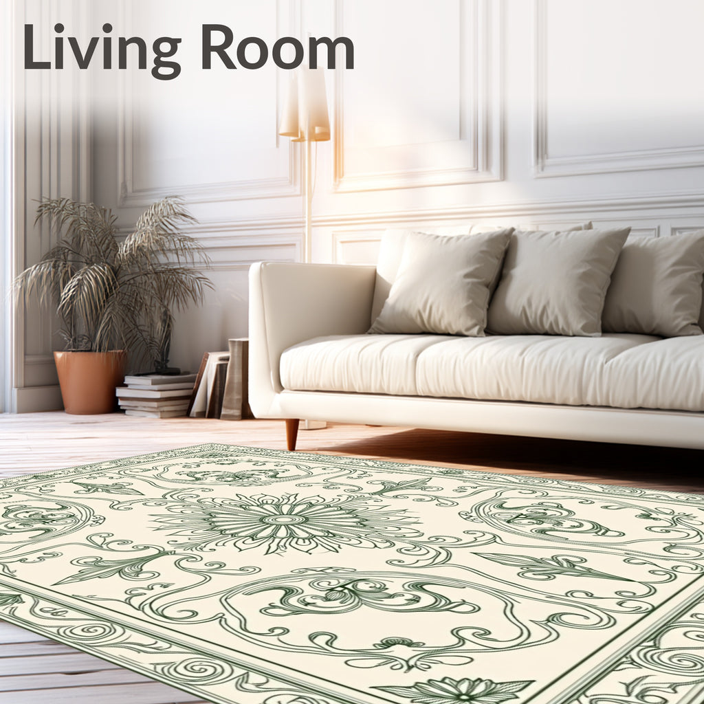 Cream Green Swirling Floral Medallion Rug