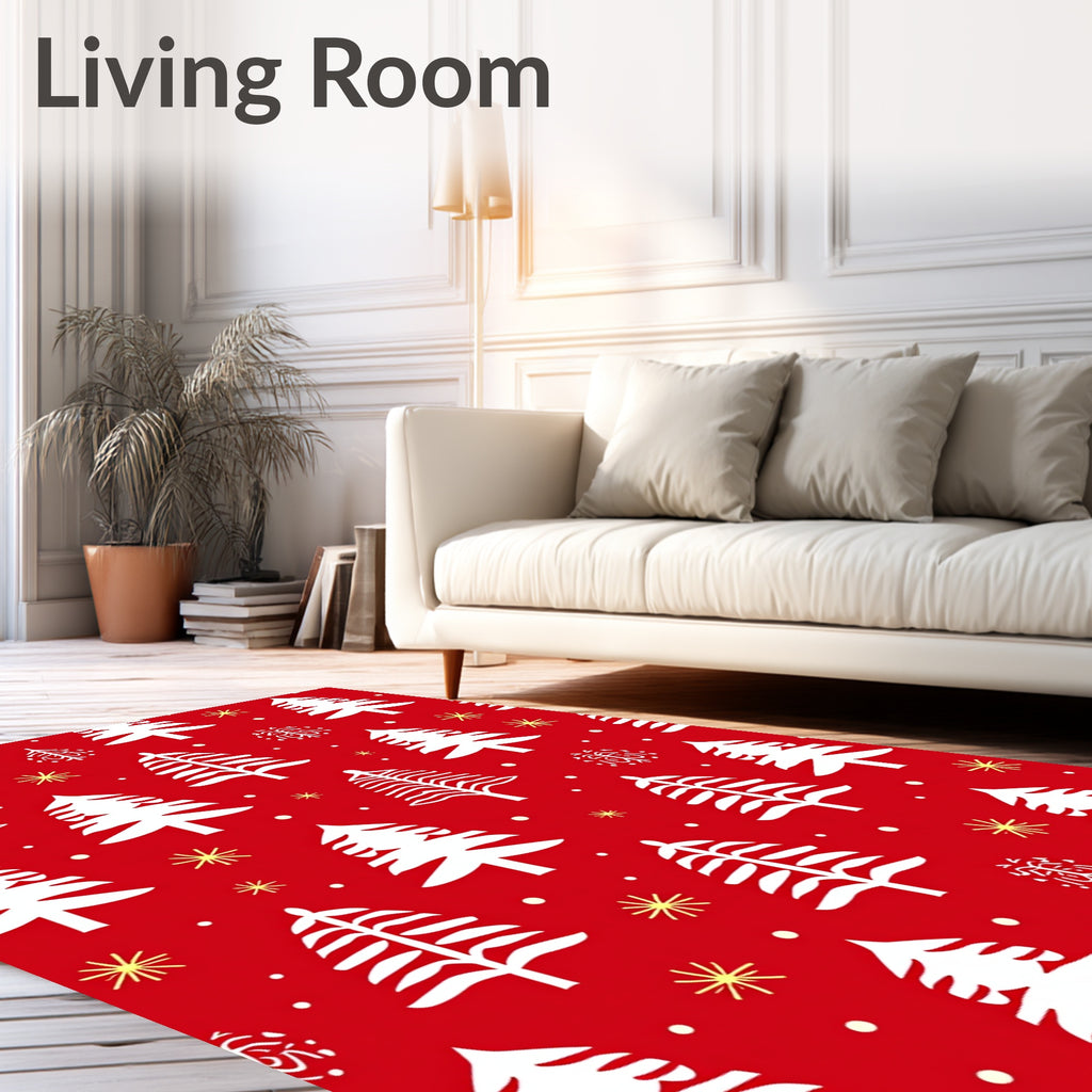 Festive White Christmas Trees Red Rug