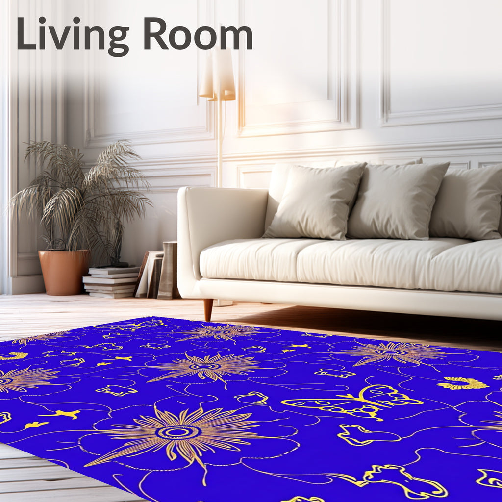 Golden Butterflies Blue Floral Rug