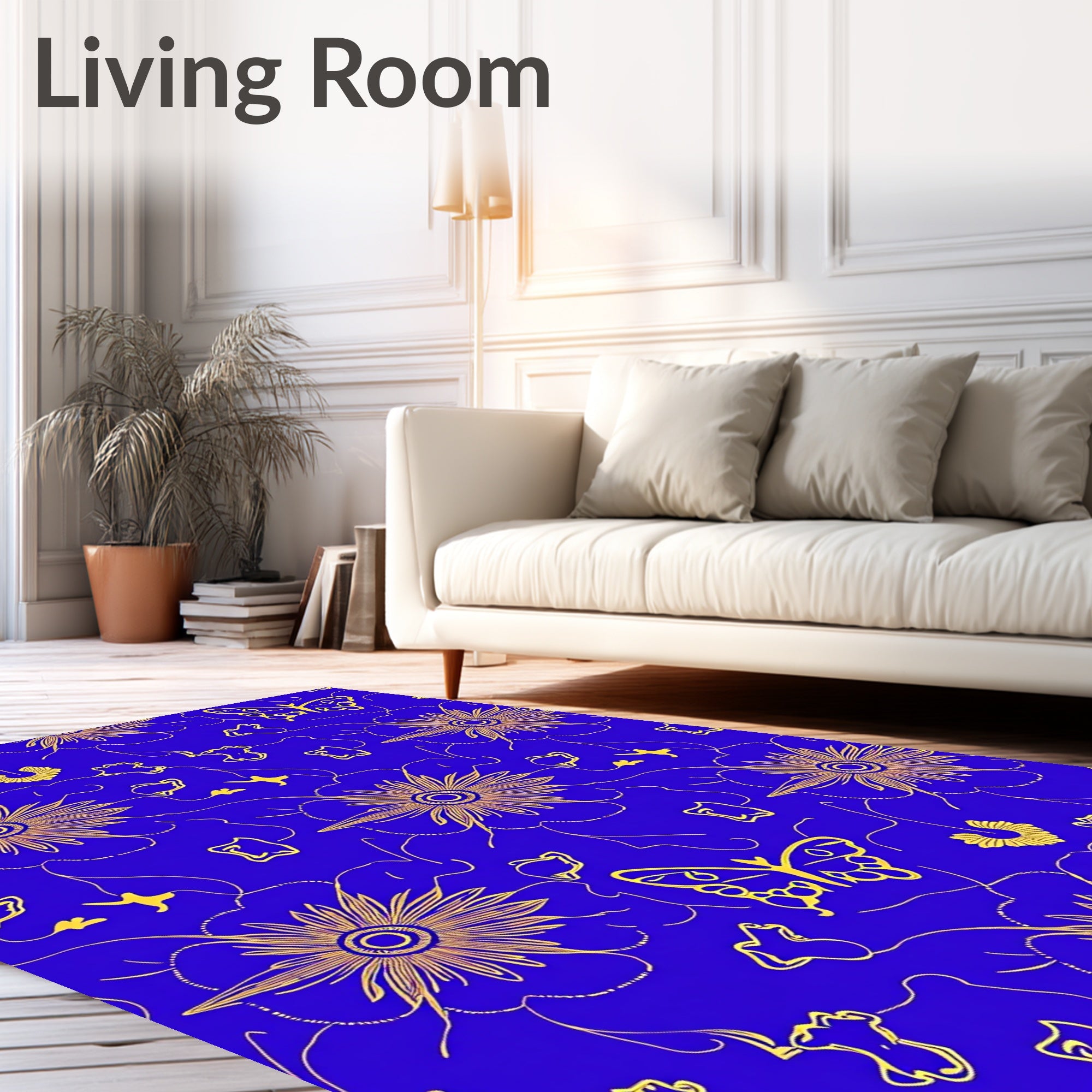 Golden Butterflies Blue Floral Rug