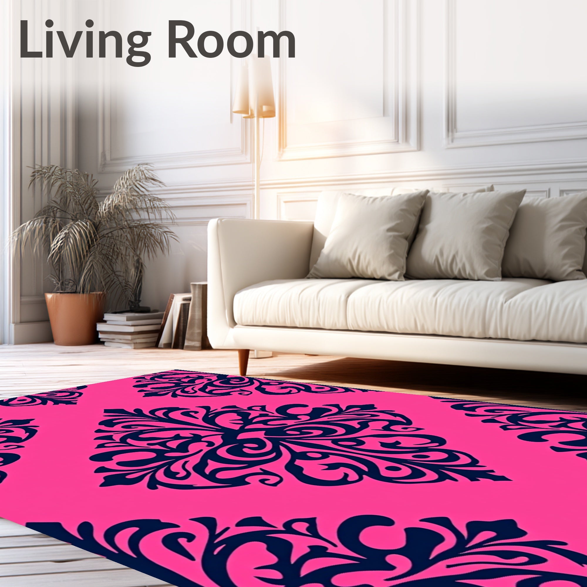 Bright Pink Navy Damask Flourish Rug