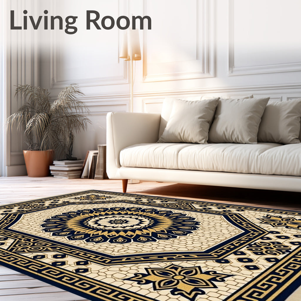 Navy Gold Octagonal Floral Medallion Rug