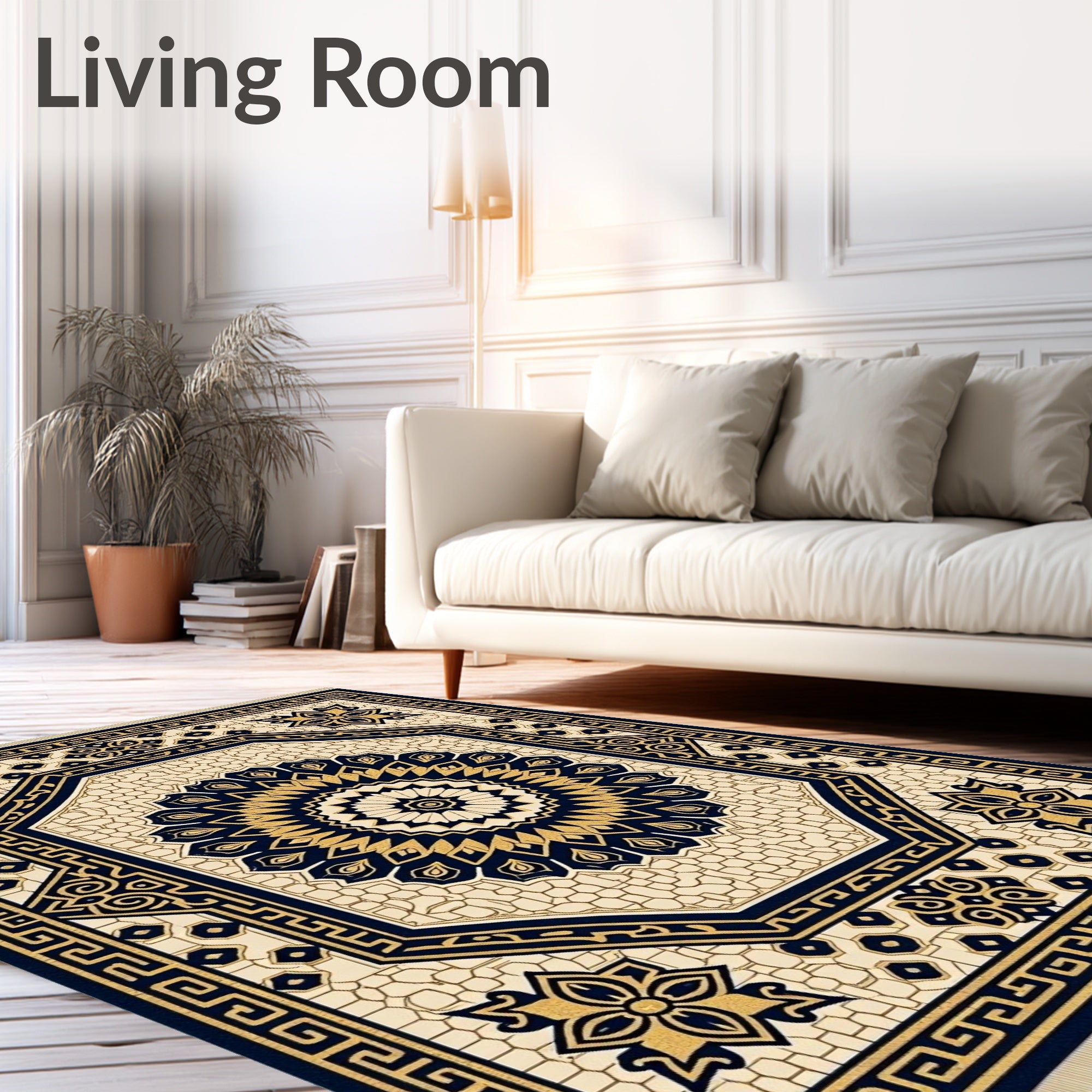 Navy Gold Octagonal Floral Medallion Rug