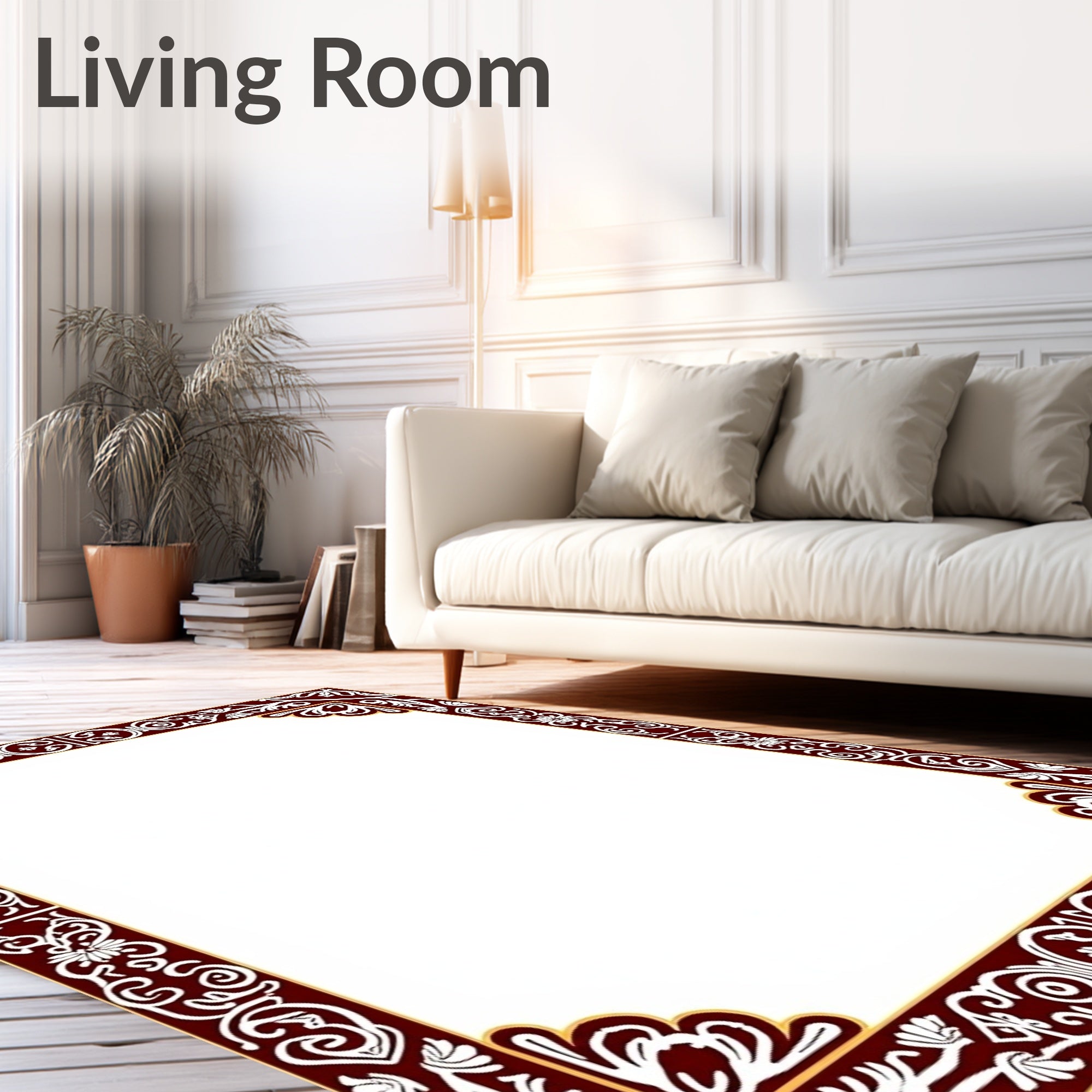 Deep Red White Floral Border Rug