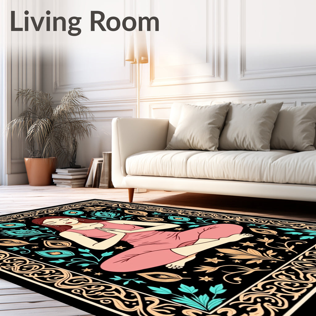 Meditating Woman Teal Leaf Border Rug