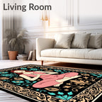 Meditating Woman Teal Leaf Border Rug