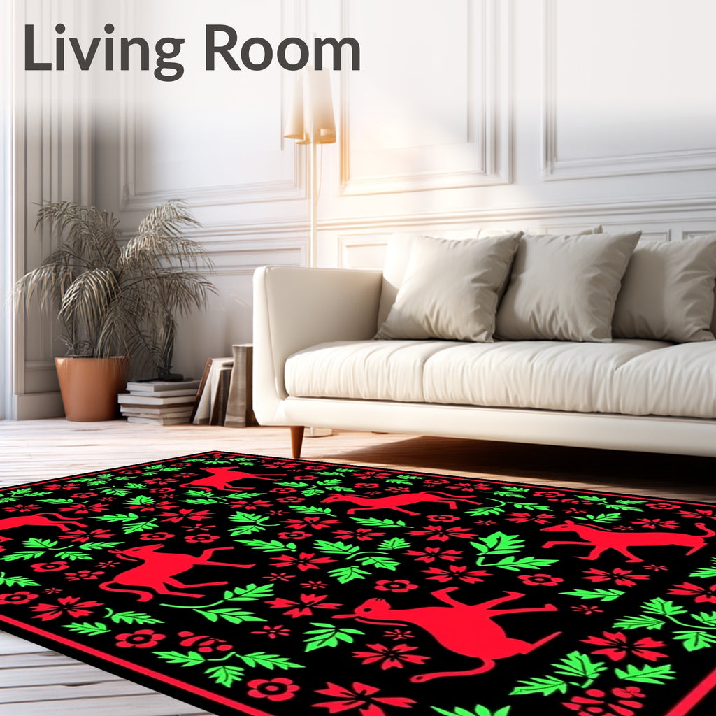 Vibrant Red Green Animal Floral Border Rug