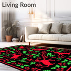Vibrant Red Green Animal Floral Border Rug